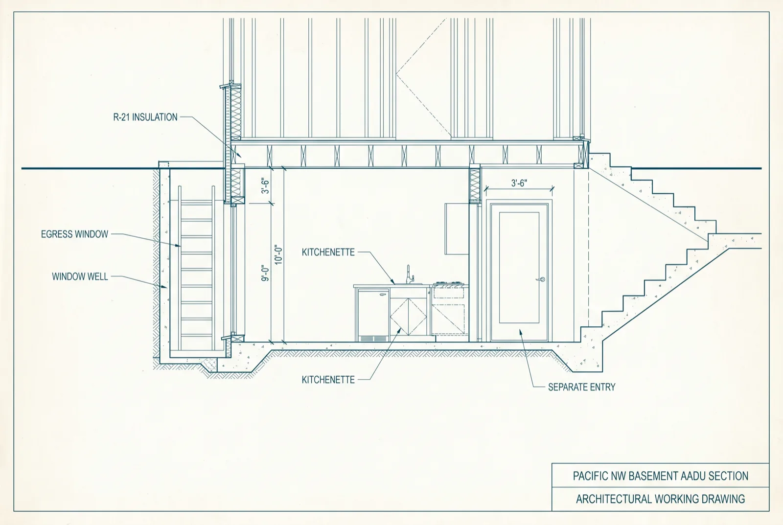 Architectural section drawing of a basement converted to an attached ADU with egress window, window well, kitchenette and separate entrance callouts