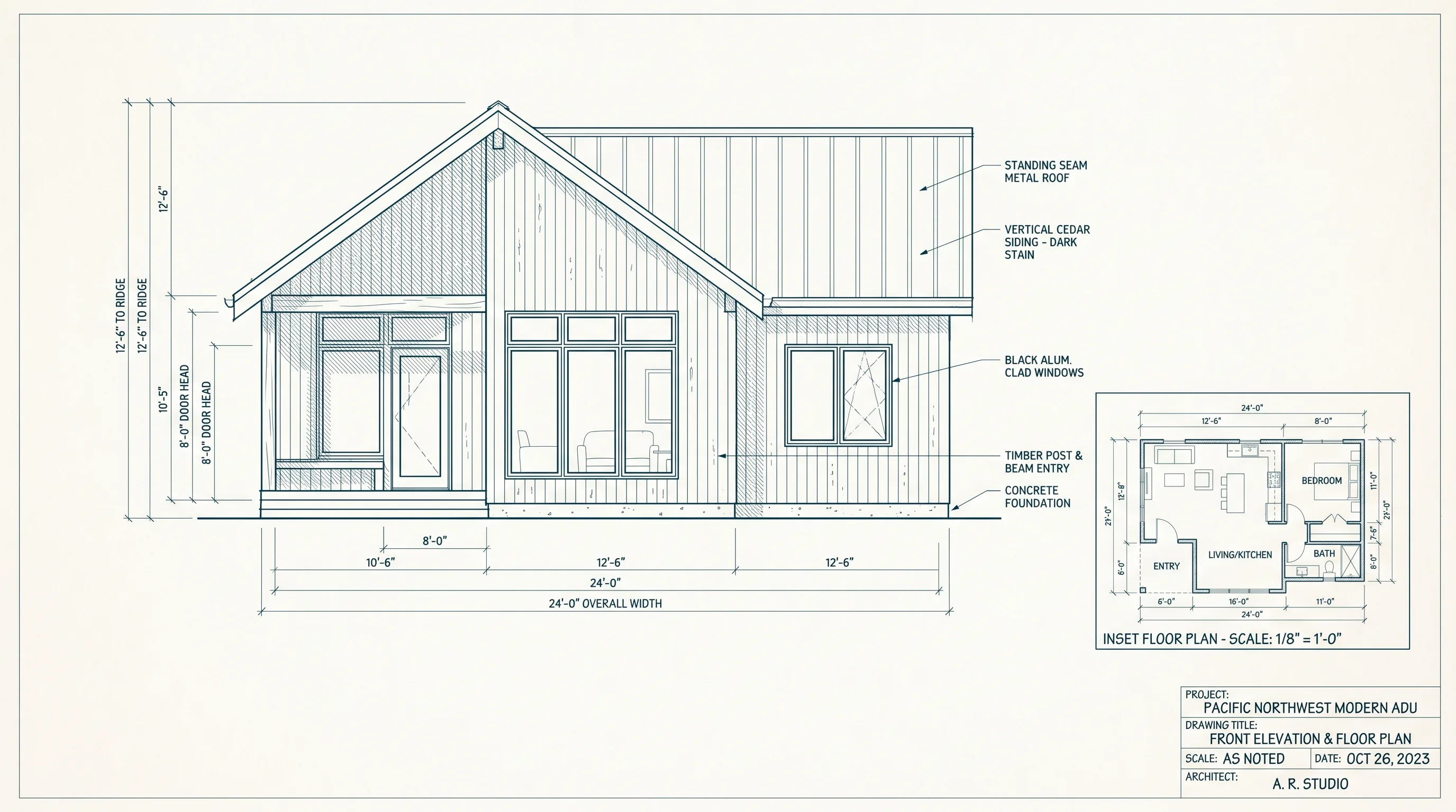 Architectural drawing of a pre-approved detached backyard cottage with dimension callouts